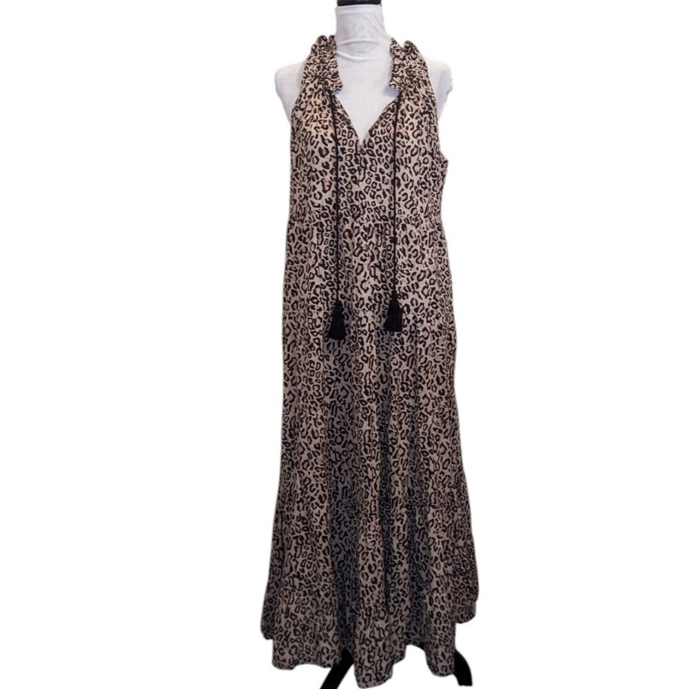 Maxi Dress Leopard Print Ruffle Tiered Tassels Medium New Size Medium